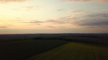 Baharda tarlaların üzerinde koyu sarı günbatımının havadan görünüşü.