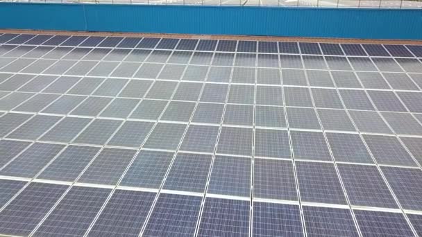 産業用ビル屋根の青い太陽光パネル搭載太陽光発電所の空中ビュー — ストック動画