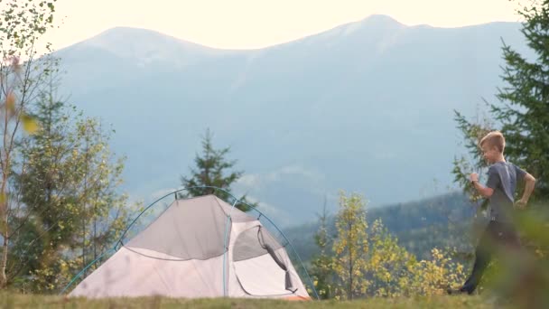 Heureux Enfant Garçon Sautant Avec Les Mains Levées Près Une — Video