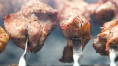 Shashlik ya da şiş kebap ızgaranın üstünde ızgara kömür hazırlıyor. Metal şiş üzerinde ızgara domuz eti..