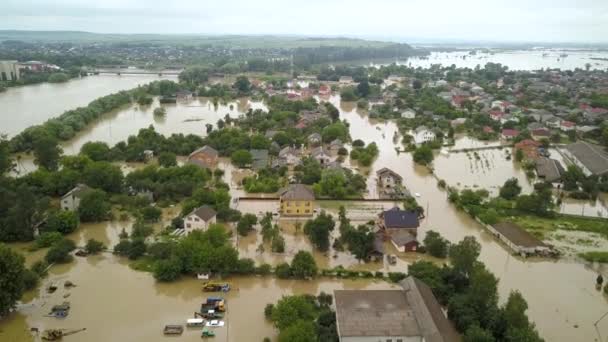 Aerial View Flooded Houses Dirty Water Dnister River Halych Town — Stock Video