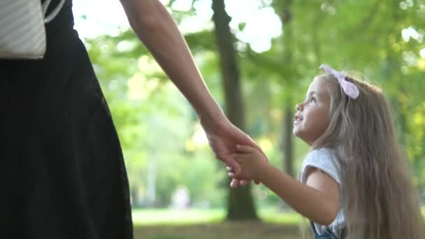 バックビューの母親と彼女の小さな娘子供一緒に夏の公園で手をつないで歩く — ストック動画
