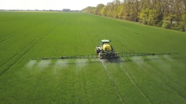 春に大規模な緑のフィールドに噴霧器で化学農薬を噴霧トラクターの空中ビュー — ストック動画