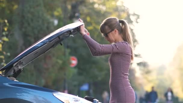 Verwirrte Autofahrerin Steht Mit Aufgetauchter Motorhaube Auf Einer Straße Und — Stockvideo