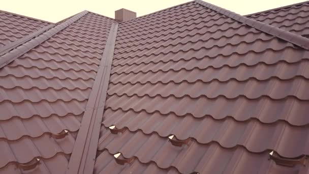 Aerial view of house roof structure covered with metal tile sheets. — Stock Footage Aerial View House Roof Structure Covered Metal Tile Sheets Stock Footage