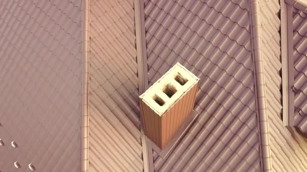 Aerial view of house roof structure covered with brown metal tile sheets. — Stock Footage Aerial View House Roof Structure Covered Brown Metal Tile Sheets Video Clip