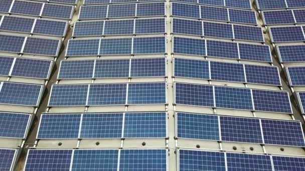 Vista Aérea Planta Energía Solar Con Paneles Fotovoltaicos Azules Montados — Vídeos de Stock