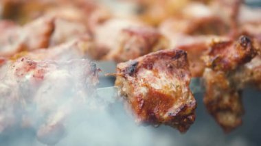 Shashlik ya da şiş kebap ızgaranın üstünde ızgara kömür hazırlıyor. Metal şiş üzerinde ızgara domuz eti..