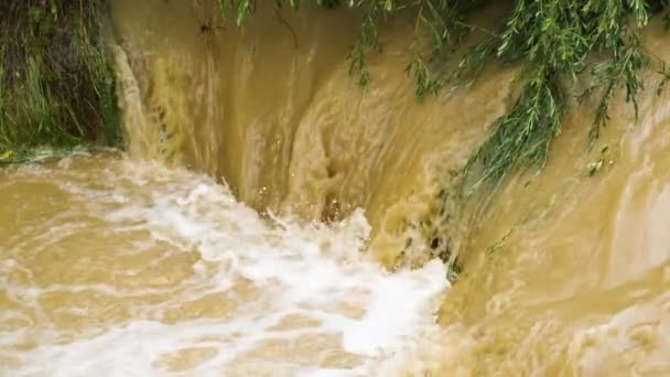 Vuile Rivier Met Modderig Water Overstromingsperiode Tijdens Zware Regenval Het — Stockvideo