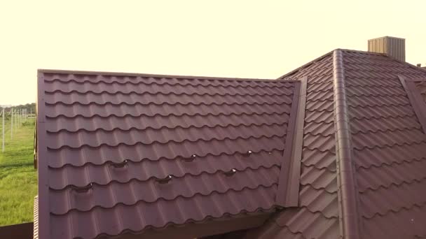 Aerial View House Roof Structure Covered Brown Metal Tile Sheets — Stock Video