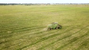 Buğday tarlasını hasat eden hasatçının hava görüntüsü. İHA görünümünden tarım.