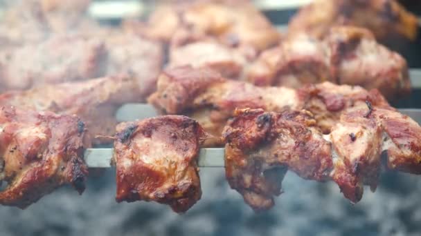 Shashlik Eller Shish Kebab Förbereder Sig Grill Över Varmt Kol — Stockvideo