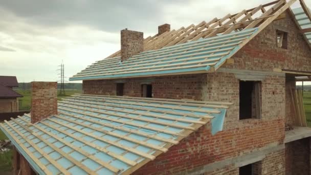 Aerial View Brick House Wooden Roof Frame Construction — Stock Video