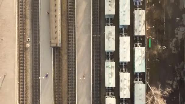 Luftaufnahme Vieler Güterwaggons Auf Bahngleisen Von Oben — Stockvideo