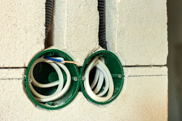 New Electrical Wiring Installation Plastic Boxes Electrical Cables Future Outlet — Stock Photo, Image