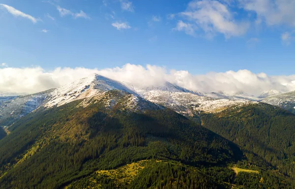 High mountain peaks covered with autumn spruce forest and high snowy summits.