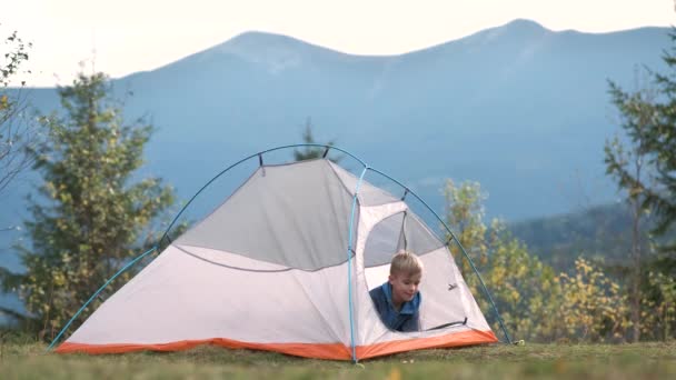 Hiker Niño Descansando Dentro Una Tienda Campaña Camping Montaña Disfrutando — Vídeo de stock