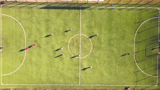 Top Aerial View Green Football Sports Field Players Playing Football — Stock Video