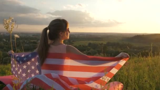 Young Woman Usa National Flag Walking Outdoors Sunset Positive Girl — Stock Video