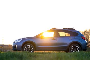 Gün batımında yeşil çimlerin üzerinde mavi arazi arabası. Otomobille seyahat, vahşi yaşam macerası, keşif gezisi ya da bir SUV otomobili ile aşırı seyahat. Offroad 4x4 aracı gün doğumunda arazide olacak..