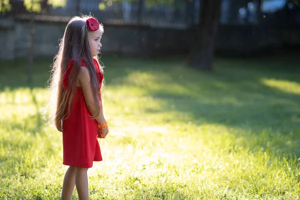 暖かい晴れた夏の日を楽しむ赤いドレスのかわいいファッショナブルな子供の女の子の肖像画 — ストック写真