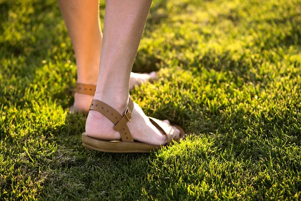 Primer Plano Los Pies Mujer Sandalias Verano Zapatos Caminando Césped — Foto de Stock