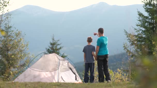Joven Padre Hijo Caminan Juntos Las Montañas Verano Familia Activa — Vídeo de stock