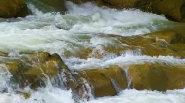 Berrak turkuaz suyu olan dağ nehri, kalın beyaz köpüklü ıslak kayaların arasına dökülüyor..