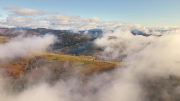 Vista Aérea Las Colinas Montaña Cubiertas Bosque Abeto Nubes Blancas — Vídeos de Stock