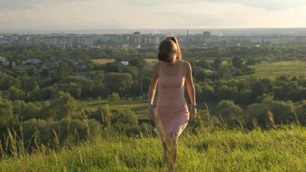 Junge Frau Rosafarbenen Sommerkleid Spaziert Auf Der Grünen Wiese Freien — Stockvideo