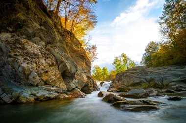 Küçük şelaleli dağ nehri, berrak turkuaz suyla, sonbahar gününde kalın beyaz köpükle ıslak kayaların arasına düşüyor..