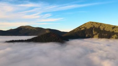 Parlak güneşli bir günde, beyaz yoğun bulutların üzerinde ladin ormanlarıyla kaplı büyük bir dağın havadan görünüşü..