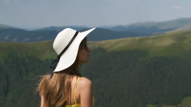 Junge Frau Roten Kleid Steht Auf Einer Wiese Einem Windigen — Stockvideo