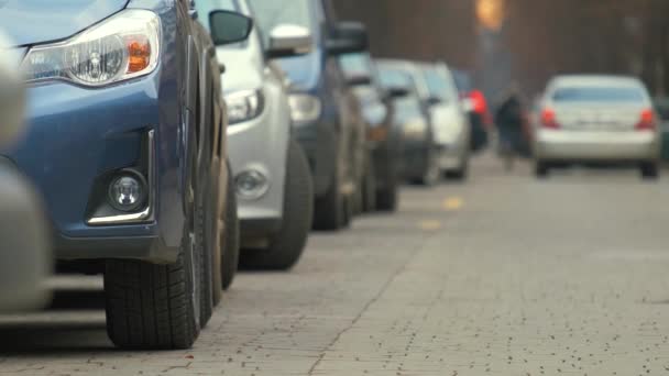 Autos Die Straßenrand Der Stadt Einer Reihe Geparkt Sind — Stockvideo