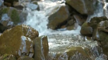 Nehir şelalesinin havadan görünüşü berrak turkuaz suyu kalın beyaz köpüklü ıslak kayaların arasına düşüyor..