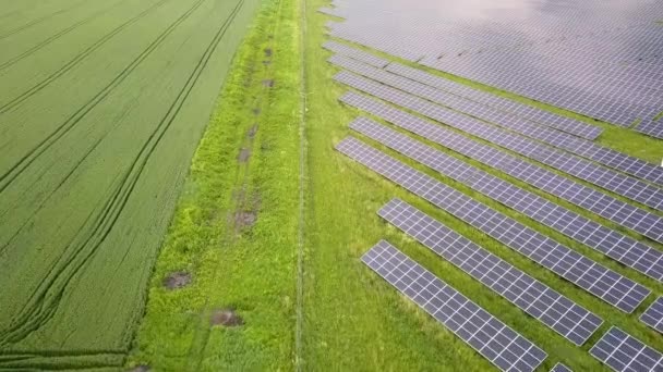 Αεροφωτογραφία Του Σταθμού Ηλιακής Ενέργειας Στο Πράσινο Πεδίο Ηλεκτρικά Πάνελ — Αρχείο Βίντεο