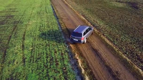 Автомобіль Рухається Ґрунтовій Дорозі Сільській Місцевості Зеленого Поля — стокове відео