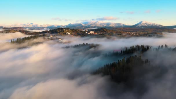 Aerial View Small Village Houses Hill Top Fall Foggy Mountains — Stock Video