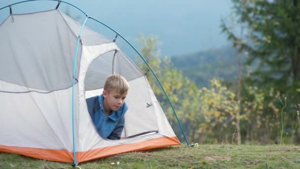 Mutlu Çocuk Dağ Kampında Turist Çadırında Dinleniyor Güzel Yaz Manzarasının — Stok video