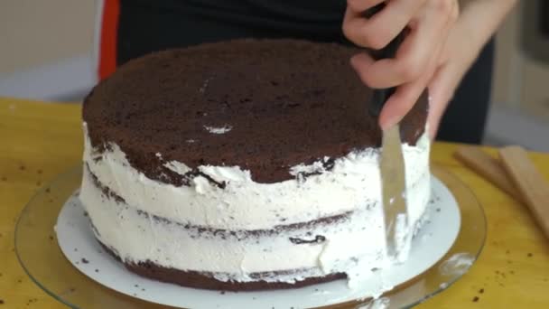 Gros Plan Des Mains Femme Faisant Gâteau Sucré Avec Crème — Video