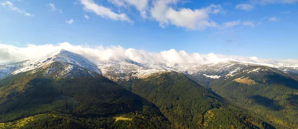 High mountain peaks covered with autumn spruce forest and high snowy summits.