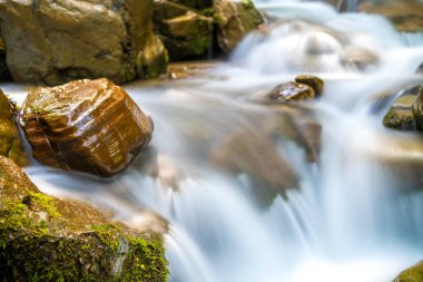 Küçük şelaleli dağ nehri berrak turkuaz suyla kalın beyaz köpüklü ıslak kayaların arasına düşüyor..