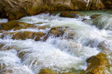 Küçük şelaleli dağ nehri berrak turkuaz suyla kalın beyaz köpüklü ıslak kayaların arasına düşüyor..