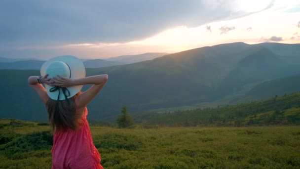 Молода Щаслива Жінка Яка Подорожує Червоній Сукні Стоїть Трав Янистих — стокове відео