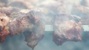 Shashlik ya da şiş kebap ızgaranın üstünde ızgara kömür hazırlıyor. Metal şiş üzerinde ızgara domuz eti..