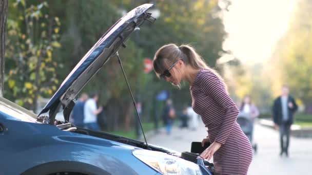 Conductrice Perplexe Debout Dans Une Rue Ville Près Voiture Avec — Video