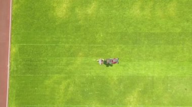 Küçük işçi figürünün havadan görünüşü yeşil çimenleri biçerek futbol stadyumu sahasında kırmızı koşu yolları ile mashine biçiyor..