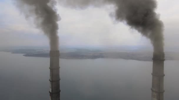 Aerial View Coal Power Plant High Pipes Black Smoke Moving — Stock Video