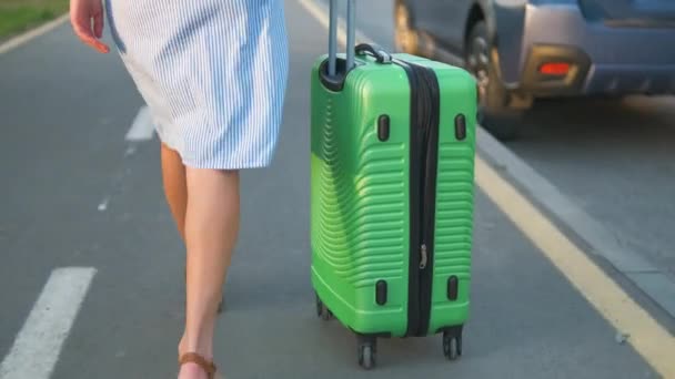 Young Woman Driver Putting Green Suitcase Car City Street Travel — Stock Video