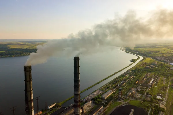 Vue Aérienne Centrale Charbon Hauts Tuyaux Avec Fumée Noire Déplaçant — Photo